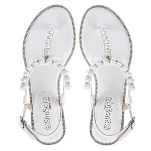New White Pearl Rhinestone Sandals Bridal Flat Thong‎ Dressy T- Strap Sandals 8